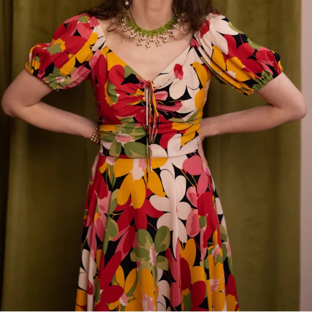 NWT Trashy Diva Puff Sleeve L’ Amour Dress in Flower Power Crepe De Chine Sz 14 - Picture 8 of 9